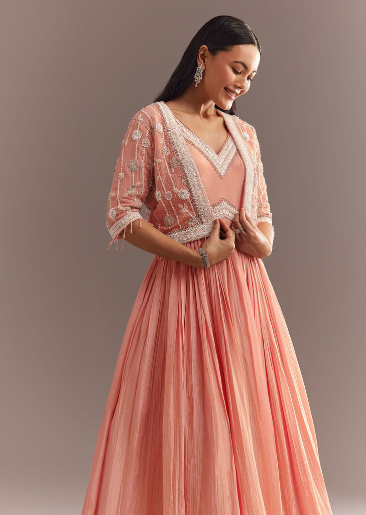 Peach Tissue Gown With Embroidered Jacket