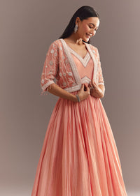 Peach Tissue Gown With Embroidered Jacket