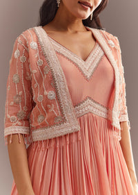 Peach Tissue Gown With Embroidered Jacket