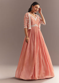 Peach Tissue Gown With Embroidered Jacket