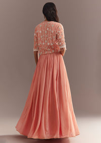 Peach Tissue Gown With Embroidered Jacket