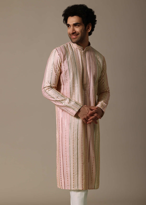 Peach Abla Work Silk Kurta Set For Men