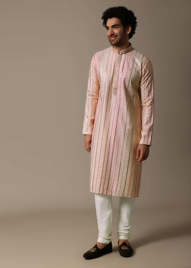 Peach Abla Work Silk Kurta Set For Men