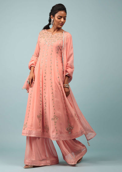 Peach Amber Embroidered Palazzo Suit In Georgette