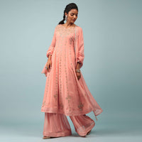 Peach Amber Embroidered Palazzo Suit In Georgette