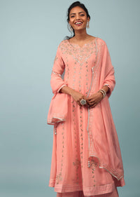 Peach Amber Embroidered Palazzo Suit In Georgette