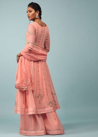 Peach Amber Embroidered Palazzo Suit In Georgette