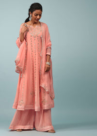 Peach Amber Embroidered Palazzo Suit In Georgette