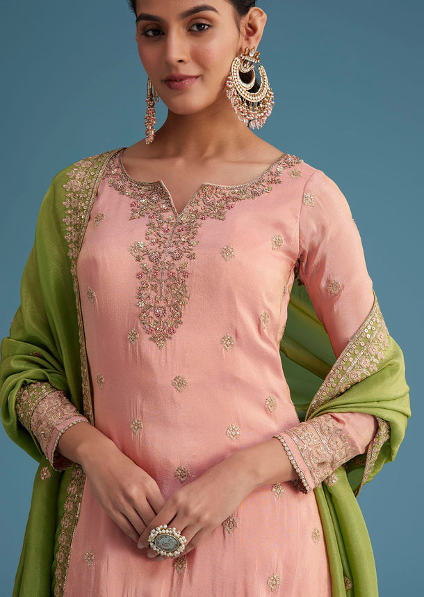 Peach And Green Tissue Palazzo Set With Zardosi And Sequins Work