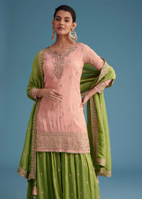 Peach And Green Tissue Palazzo Set With Zardosi And Sequins Work