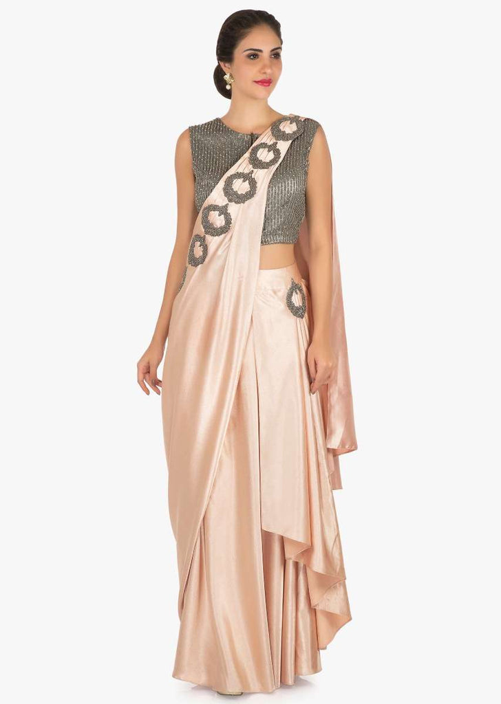 Peach and grey lehenga saree in heavy satin carved in moti embroidery work only on Kalki