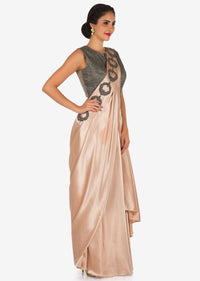 Peach and grey lehenga saree in heavy satin carved in moti embroidery work only on Kalki