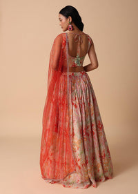 Peach And Orange Printed Lehenga Set