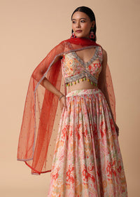 Peach And Orange Printed Lehenga Set