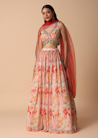 Peach And Orange Printed Lehenga Set