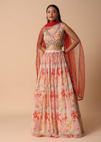 Peach And Orange Printed Lehenga Set