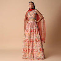 Peach And Orange Printed Lehenga Set