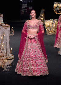 Pink Raw Silk 16 Kali Lehenga And 3D Pearl Embellished Blouse Set