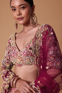 Pink Raw Silk 16 Kali Lehenga And 3D Pearl Embellished Blouse Set