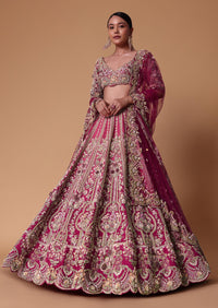 Pink Raw Silk 16 Kali Lehenga And 3D Pearl Embellished Blouse Set