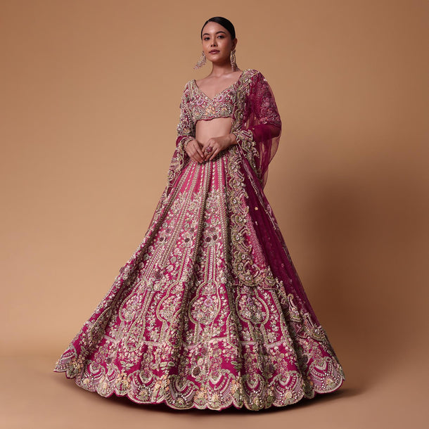 Pink Raw Silk 16 Kali Lehenga And 3D Pearl Embellished Blouse Set