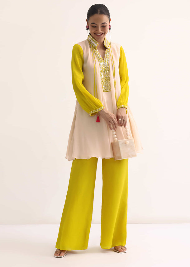 Peach And Yellow Chinon Kurta And Palazzo