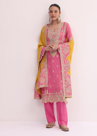 Peach And Yellow Embroidered Kurta Pant Set