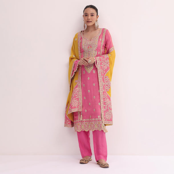 Peach And Yellow Embroidered Kurta Pant Set