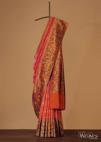 Peach Banarasi Handloom Saree In Orange Shade With Shikara Skirt Border Weave And Unstitched Blouse