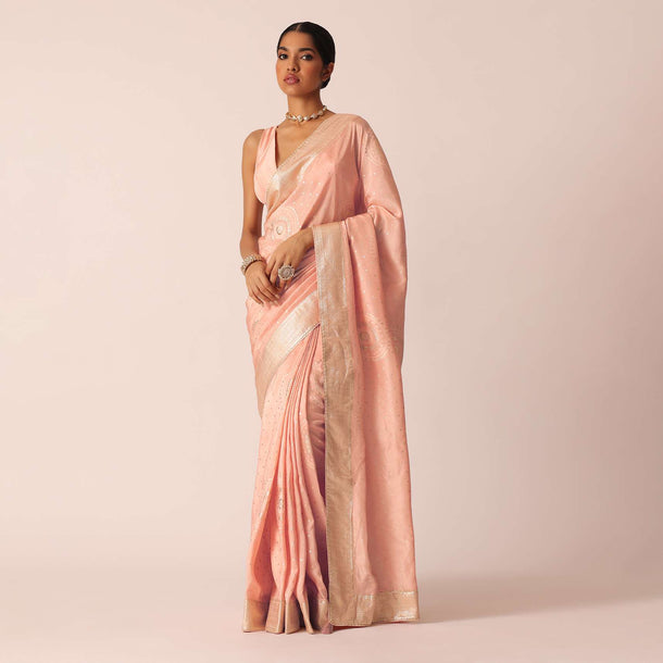 Peach Banarasi Saree With Bandhani Weave And Unstitched Blouse Piece