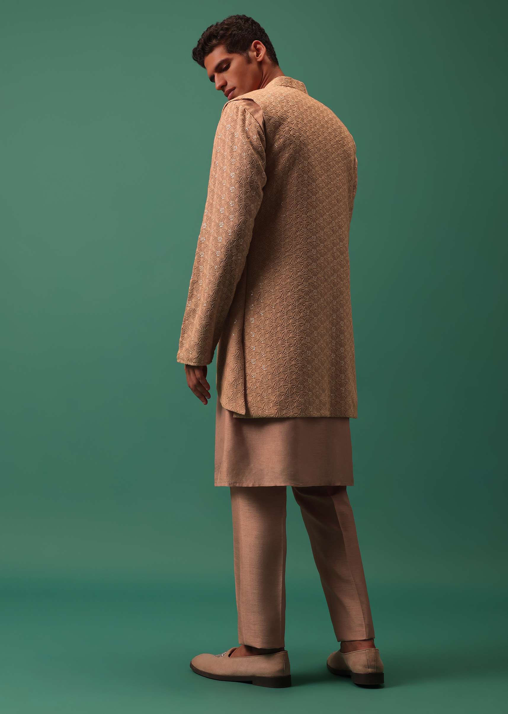 Peach Bandi Set In Dyed Cotton With Long Detailed Kurta