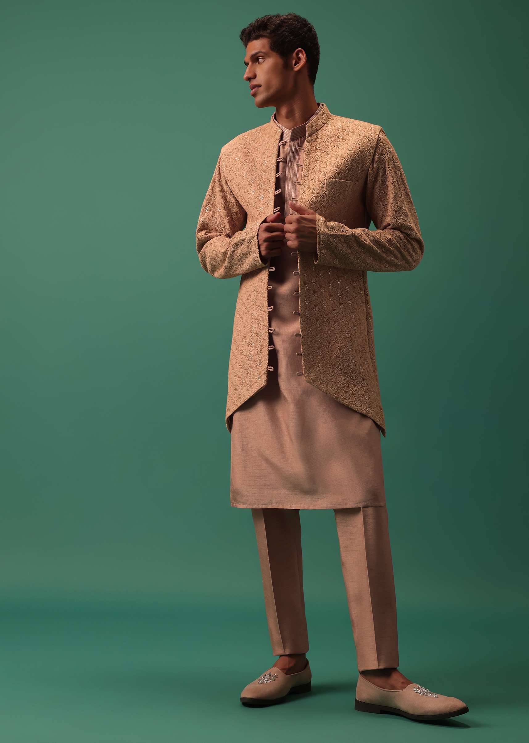 Peach Bandi Set In Dyed Cotton With Long Detailed Kurta