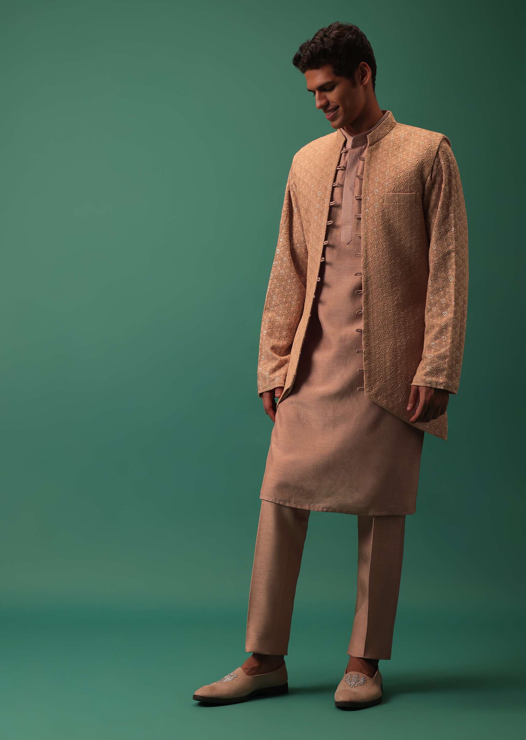 Peach Bandi Set In Dyed Cotton With Long Detailed Kurta