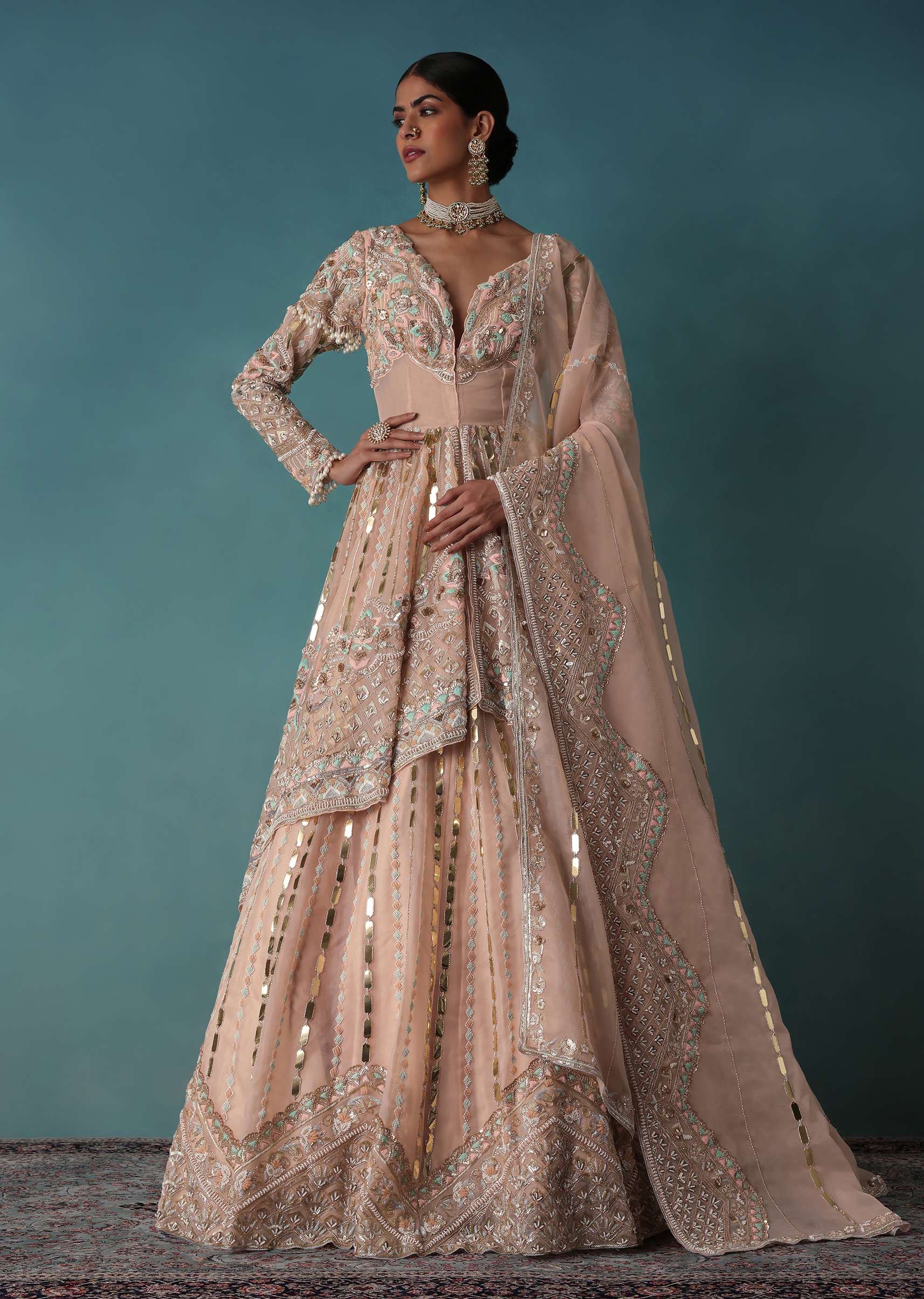 Peach Bridal Lehenga Set In Organza With Jacket