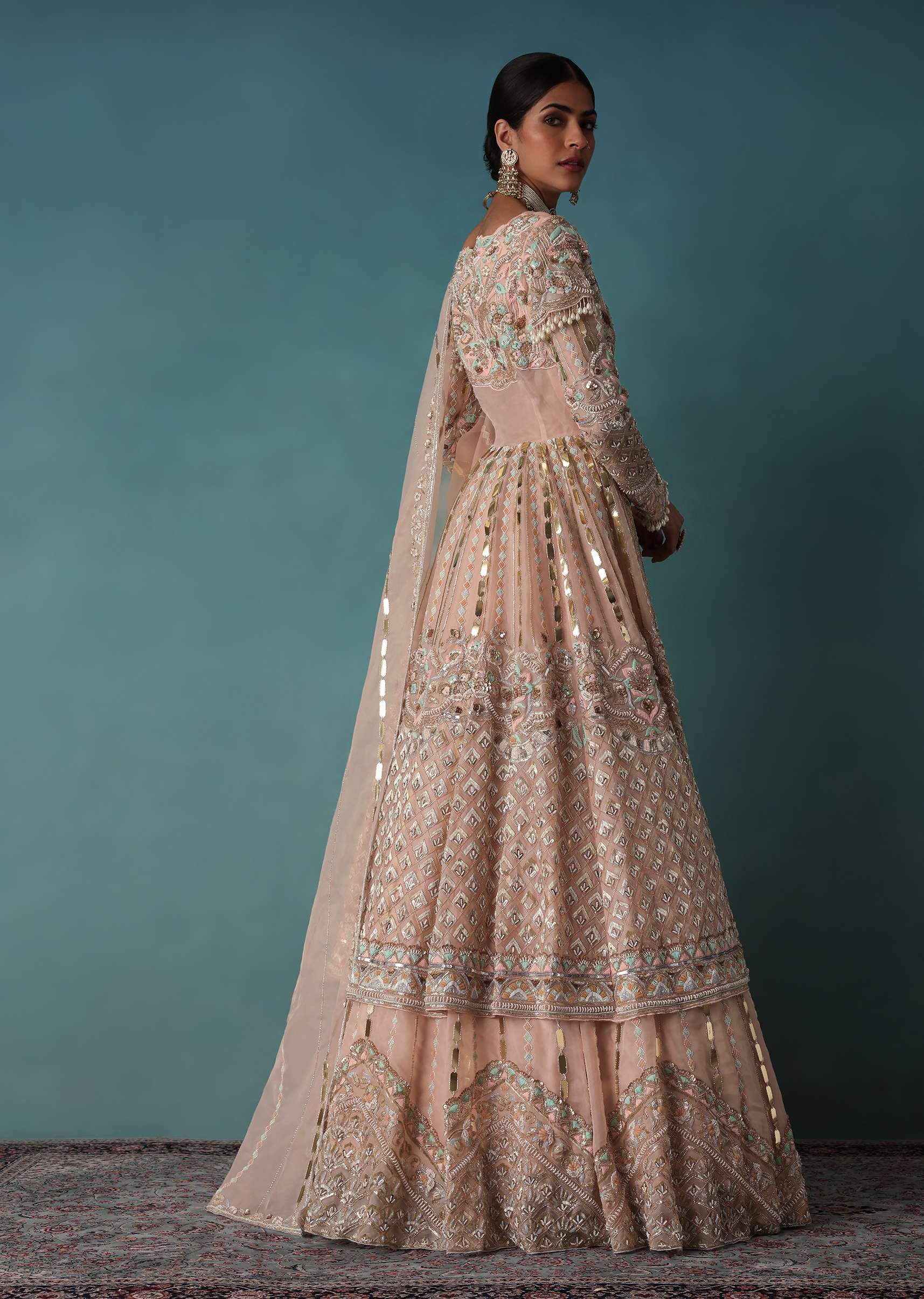 Peach Bridal Lehenga Set In Organza With Jacket