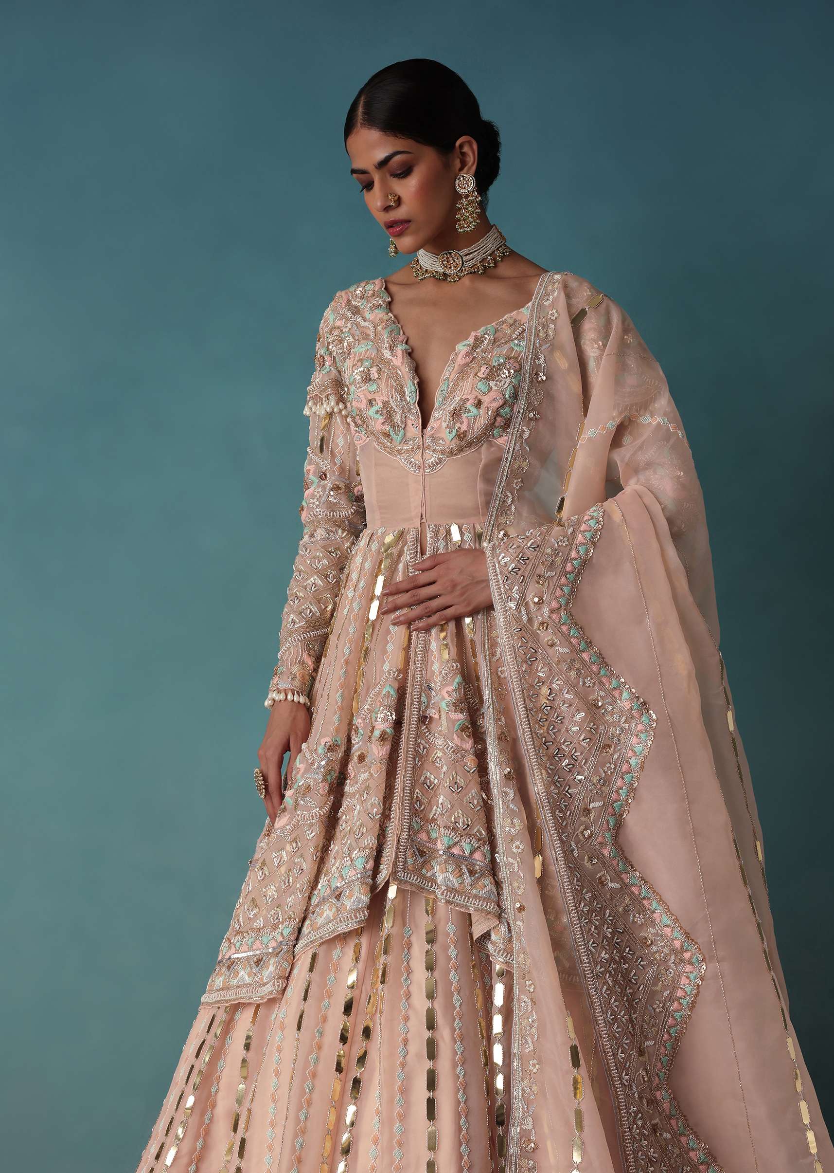 Peach Bridal Lehenga Set In Organza With Jacket