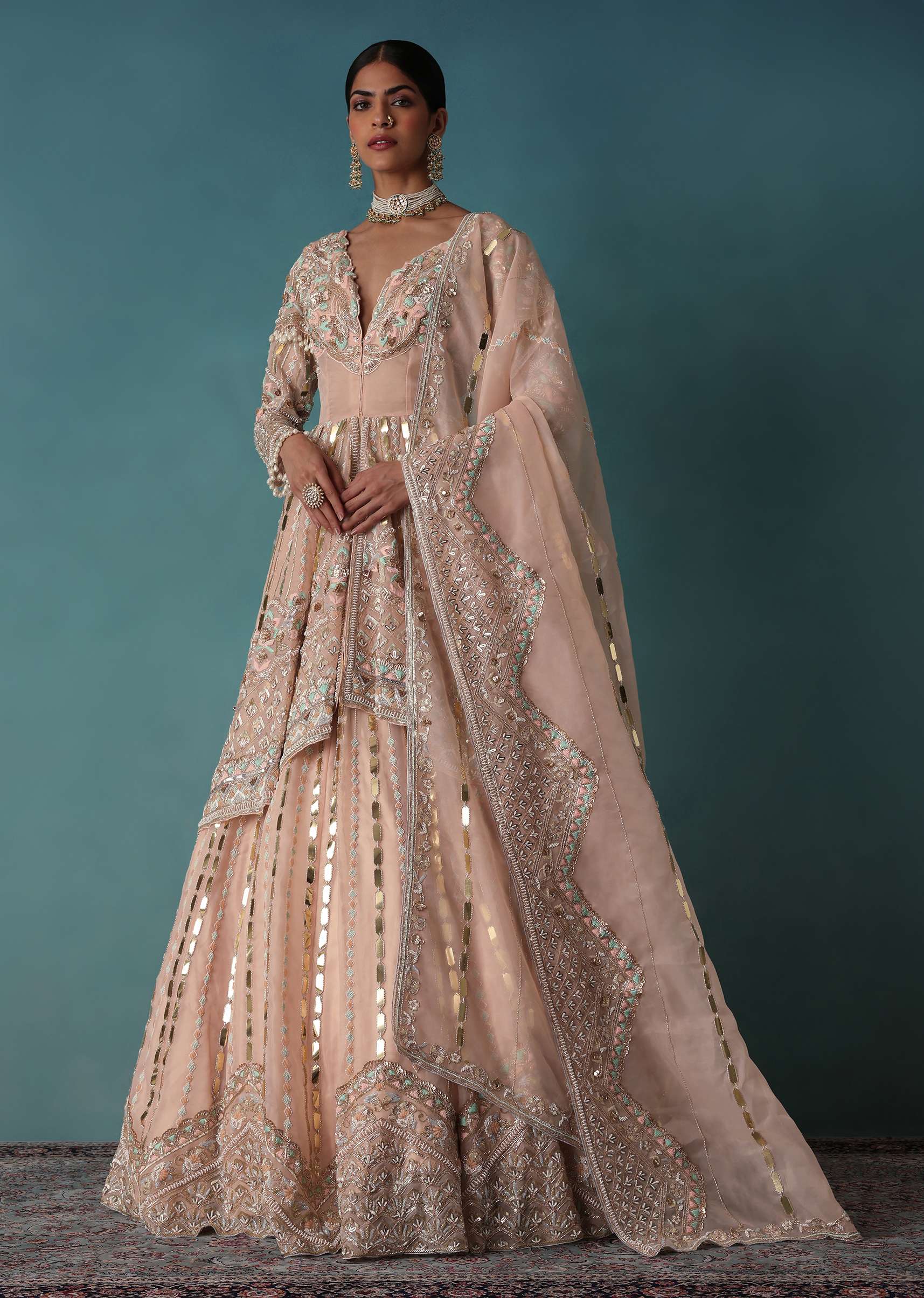 Peach Bridal Lehenga Set In Organza With Jacket