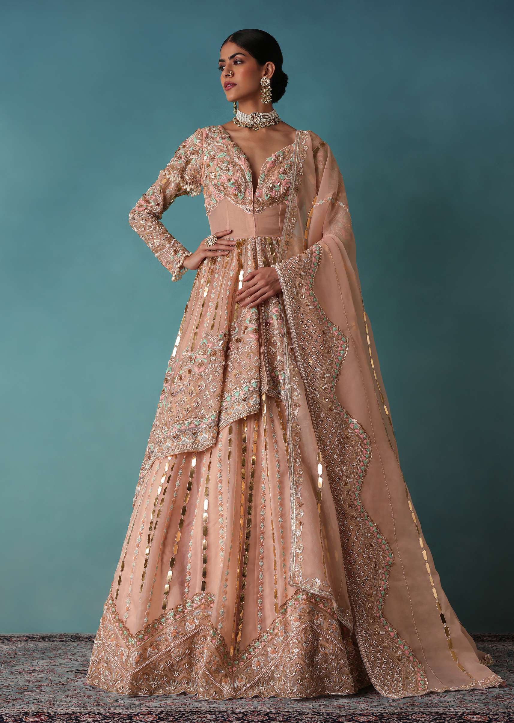 Peach Bridal Lehenga Set In Organza With Jacket