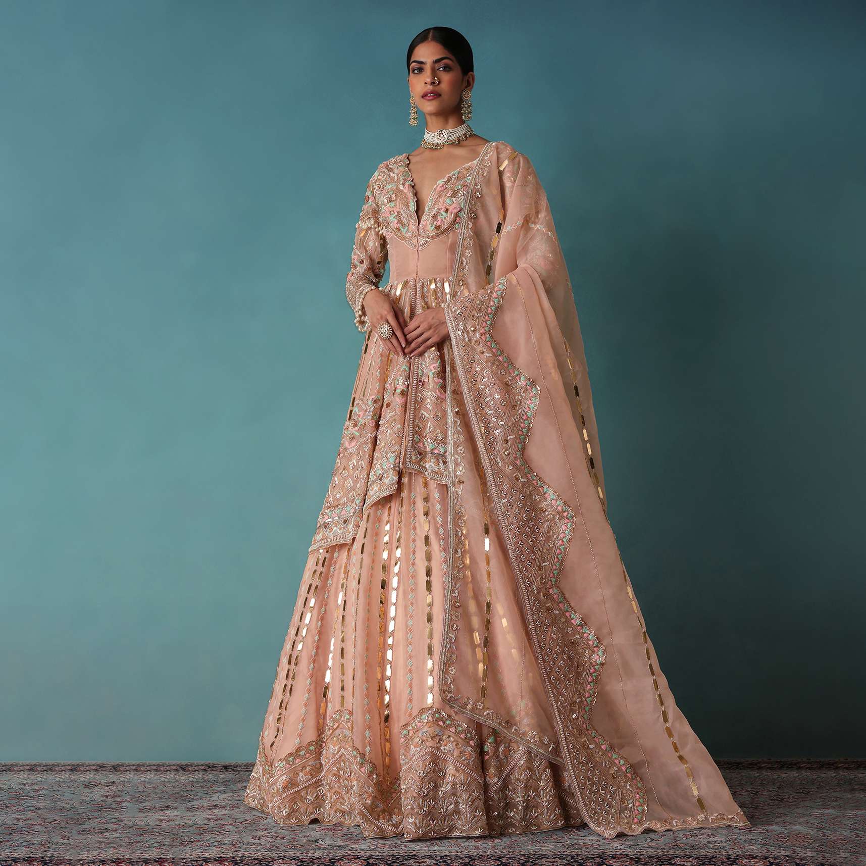 Peach Bridal Lehenga Set In Organza With Jacket