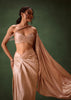 Peach Brocade Draped Skirt With Pleated One Shoulder Blouse