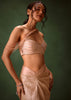 Peach Brocade Draped Skirt With Pleated One Shoulder Blouse
