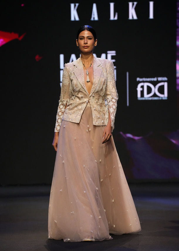 Peach Banarasi Embroidered Jacket With Palazzo And Suspender