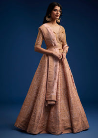 Peach Brocade Lehenga Set With Zari And Resham Work