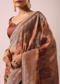 Peach Brocade Silk And Satin Rangkat Saree