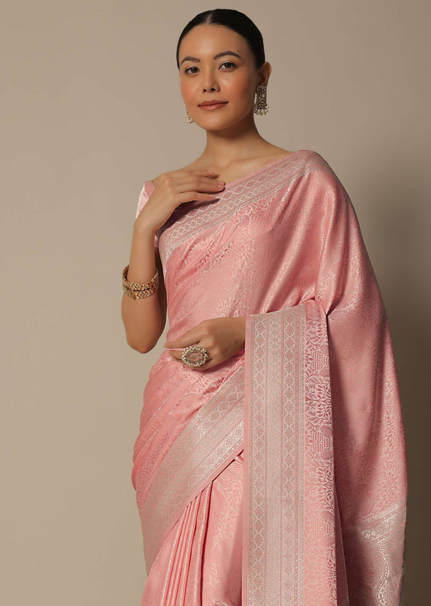 Peach Brocade Silk Saree With Unstitched Blouse Fabric-