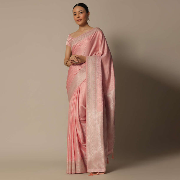 Peach Brocade Silk Saree With Unstitched Blouse Fabric-