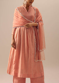 Peach Embellished Chanderi Kurta Set With Organza Dupatta