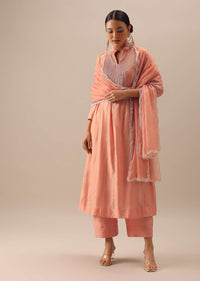 Peach Embellished Chanderi Kurta Set With Organza Dupatta