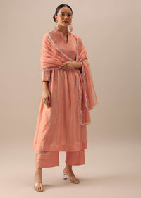 Peach Embellished Chanderi Kurta Set With Organza Dupatta