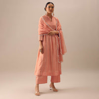 Peach Embellished Chanderi Kurta Set With Organza Dupatta